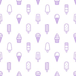 Ice cream background, sweet food seamless pattern. Vanilla icecream, frozen yogurt, popsicle lolly line icons. Summer dessert colorful vector illustration purple white color.