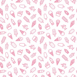 Ice cream background, sweet food seamless pattern. Vanilla icecream, frozen yogurt, popsicle lolly line icons. Summer dessert colorful vector illustration pink white color.