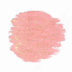  Pink paint with gold glitter on white background. Abstract gouache brush  strokes texture.