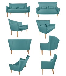 Cyan soft sofa with different position set on isolated white background