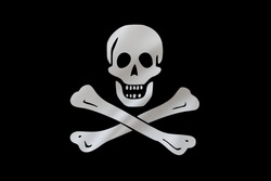 Jolly Roger flag on waving silk background. Fabric texture. Edward England historical model. Pirate flag.