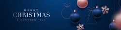 Merry Christmas and Happy New Year vector banner. Realistic rose gold and blue baubles, snowflakes hanging on dark blue background. Christmas balls motion blur effect. Luxury background.