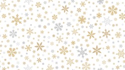 Golden snowflakes background. Luxury vector Christmas seamless pattern with small gold and silver snow flakes on white. Winter holidays theme. Repeat design for decor, wallpapers, banner, web, print