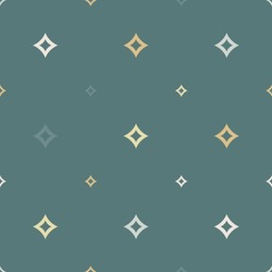 Vector seamless pattern with small diamond shapes, stars, rhombuses. Abstract teal, gold, beige geometric texture. Minimal repeat background. Subtle kids design for decor, wallpaper, fabric.