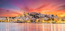 Landscape with Eivissa town at twilight time, Ibiza island, Spain