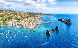Landscape with aerial view of Aci Trezza, Sicily island, Italy