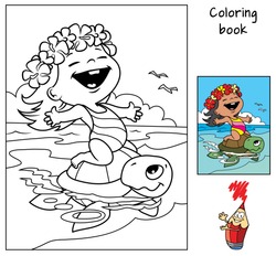 Happy little baby girl in a swimsuit and a Hawaiian wreath  riding a sea turtle. Coloring book. Cartoon vector illustration