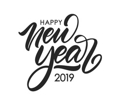 Vector illustration. Handwritten calligraphic brush lettering composition of Happy New Year 2019 on white background.