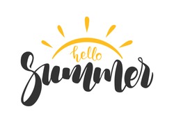 Vector illustration: Hand drawn lettering composition of Hello Summer with doodle sun. Handwritten calligraphy design.