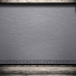 Digital background for studio photographers. Painted corrugated metal door with conrete wall and ground.