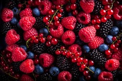 Berries assorted fresh mix colorful arrangement in studio on dark background