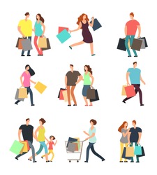 Happy shopping people. Man, woman and shoppers with gift boxes and shopping bags. Vector cartoon characters set. Woman and man cartoon shopper, buyer with bag purchase. Vector illustration