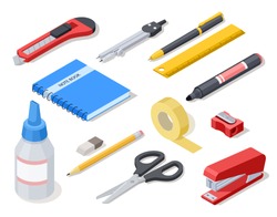 Isometric office tools. School stationery and supplies. Vector 3d icons. Illustration of ruler and compass, rubber and sharpener, knife and stapler