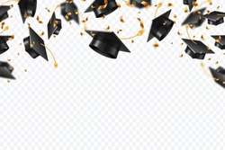 Graduation caps confetti. Flying students hats with golden ribbons isolated. University, college school education vector background