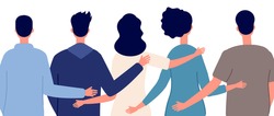 Teamwork help. Diverse people community, friends hugging hand together back view. Friendship or family support, business group vector concept