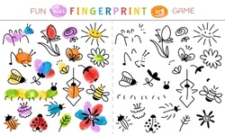Fingerprint game for children. Nursery learning paint, baby painted art activities. Education draw animals and insects, kindergarten play decent vector template