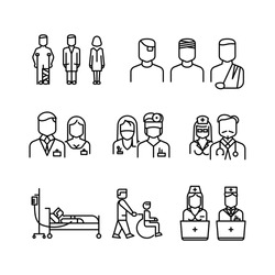 Doctor, patient, nurse thin line icons. Set of linear style doctor and nurse, vector woman and man doctors illustration