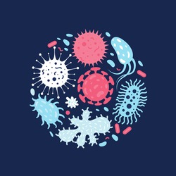 Vector illustration of doodle microbes. Drawing bacteria virus and bacteria infection