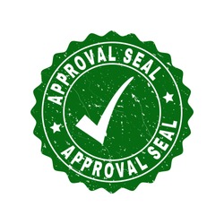Vector Approval Seal scratched stamp seal with tick inside. Green Approval Seal imprint with scratced style. Round rubber stamp imprint.