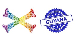Bright colored vector crossing bones mosaic for LGBT, and Guyana corroded rosette stamp seal. Blue stamp seal contains Guyana tag inside rosette.