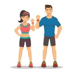 Sport gym fitness couple. Smiling young woman and man instructors. cartoon vector illustration