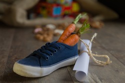 A kid places his shoe with carrots for Amerigo, the horse of Sinterklaas and a drawing for Sinterklaas, Then he dreams of a bag full of presents and candy.