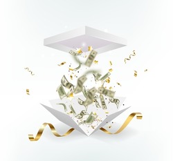 Dollar paper currency explosion and flying out the box. Win money prizes vector banner. Gambling advertising illustration. white gift box on white background