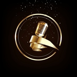 Golden old vintage microphone icon. Radio station banner. Musical hits. Vector design.