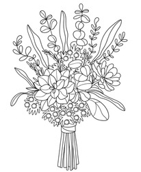 Succulent and Sola Flower,eucalyptus , Wedding Bouquet.Anti stress coloring book page for adults or children.Outline vector drawing of flowers.Page of floral pattern in black and white.