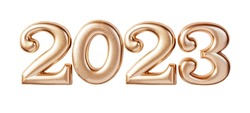 Holiday background Happy New Year 2023. Numbers of year 2023 made by gold candles isolated on white background with clipping path. celebrating New Year holiday, close-up. Space for text