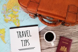 Travel Tips, Holiday Tips, Tips for Travelling, Travel Blog Content. Suitcase, Coffee, Passport, World Map.