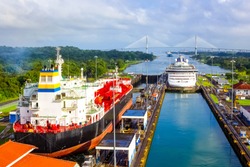View of Panama Canal from cruise ship at Panama.