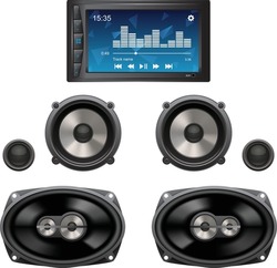 Car audio components, loud speakers and audio player on a plain background