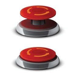 Red emergency stop button in on and off position, tridimensional button with metal elements on plain background