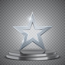 Glass award in the form of star on podium, vector trophy illustration