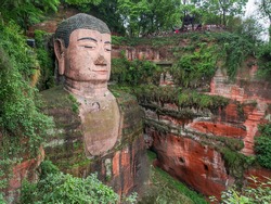 The 71m tall Giant Buddha (Dafo), carved out of the mountain in the 8th century CE in Leshan, Sichuan province, China