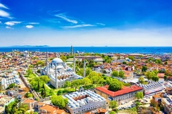 Aerial drone view of the Suleymaniye Mosque, huge Ottoman imperial mosque in Istanbul, Turkey