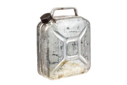 Old metal jerrycan or gasoline canister fuel can isolated on white background