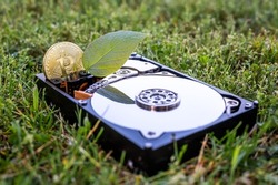View on a hard disk drive with a bitcoin and a chia leaf representing cryptocurrencies on the grass on a sunny day.