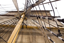 Rigging ropes on heritage sailing ship 