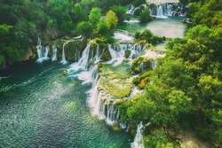 Amazing waterfalls at Krka National Park in Croatia, beautiful landscape, travel attraction, summer touristic concept