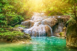 Forest and waterfall at Ton Nga Chang Waterfall, Songkhla, Thailand. Tourustic attraction and famous sightseeng, natural outdoor jungles landscape