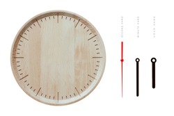 Assembly of wooden clock face plate and clock second, minute, hour hands Isolated on a white background