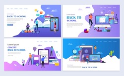 Set of templates web page design. Group of people with books and gadgets. Education, back to school modern flat design concept. Web page design for website and mobile website. Vector illustration.