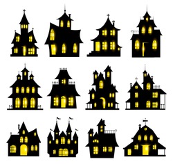 Halloween haunted house set isolated on white background. Vector illustration