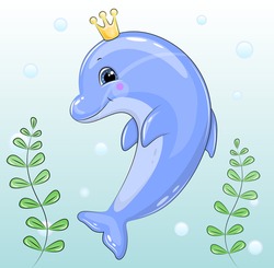 Cute cartoon dolphin with crown underwater. Vector illustration of an animal on a blue background with bubbles.