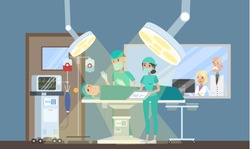 Surgery room in the hospital. Surgeon making operation to the patient lying on the bed and nurse helps him. Emergency medical treatment. Isolated vector flat illustration