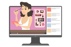 Female makeup blogger in the internet. Video content with woman doing makeup tutorial. Beauty and fashion. Isolated vector illustration in cartoon style.