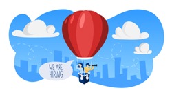 We are hiring. People on the red air balloon looking for a job candidate. Idea of recruitment and headhunting. Searching for employee for business team. Flat vector illustration
