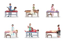 Doctor making massage to the people set. Professional treatment and body relaxation. Massage for sportsman and baby. Spa procedure. Vector flat illustration